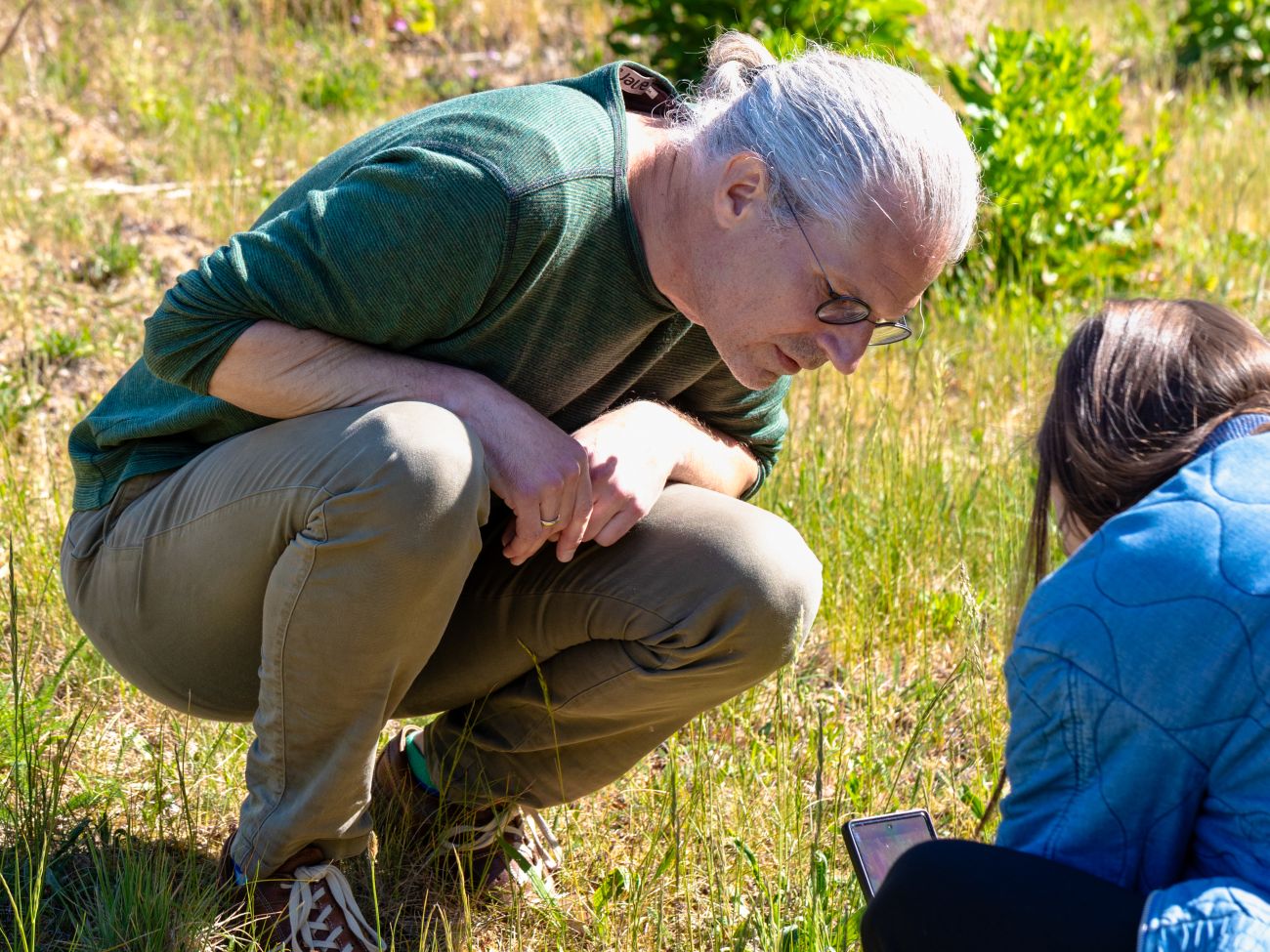 Two people crouch in a meadow; one photographs a plant with a camera.