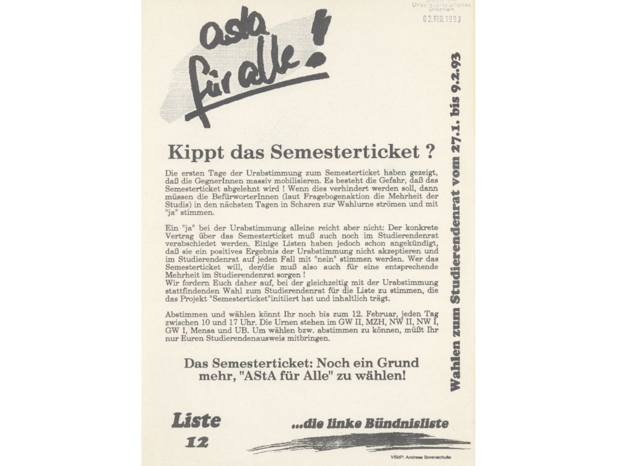Flugblatt des AStA anlässlich der Urabstimmung im Februar 1993