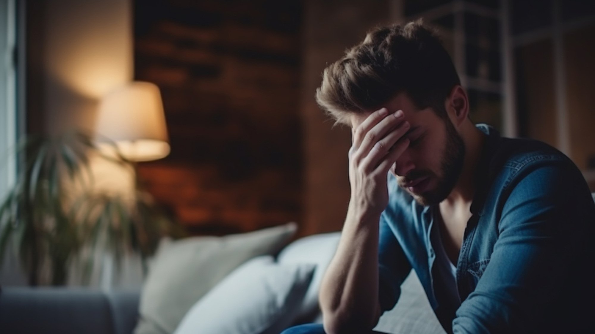 A man holds his hand to his forehead in a dejected pose and looks down.