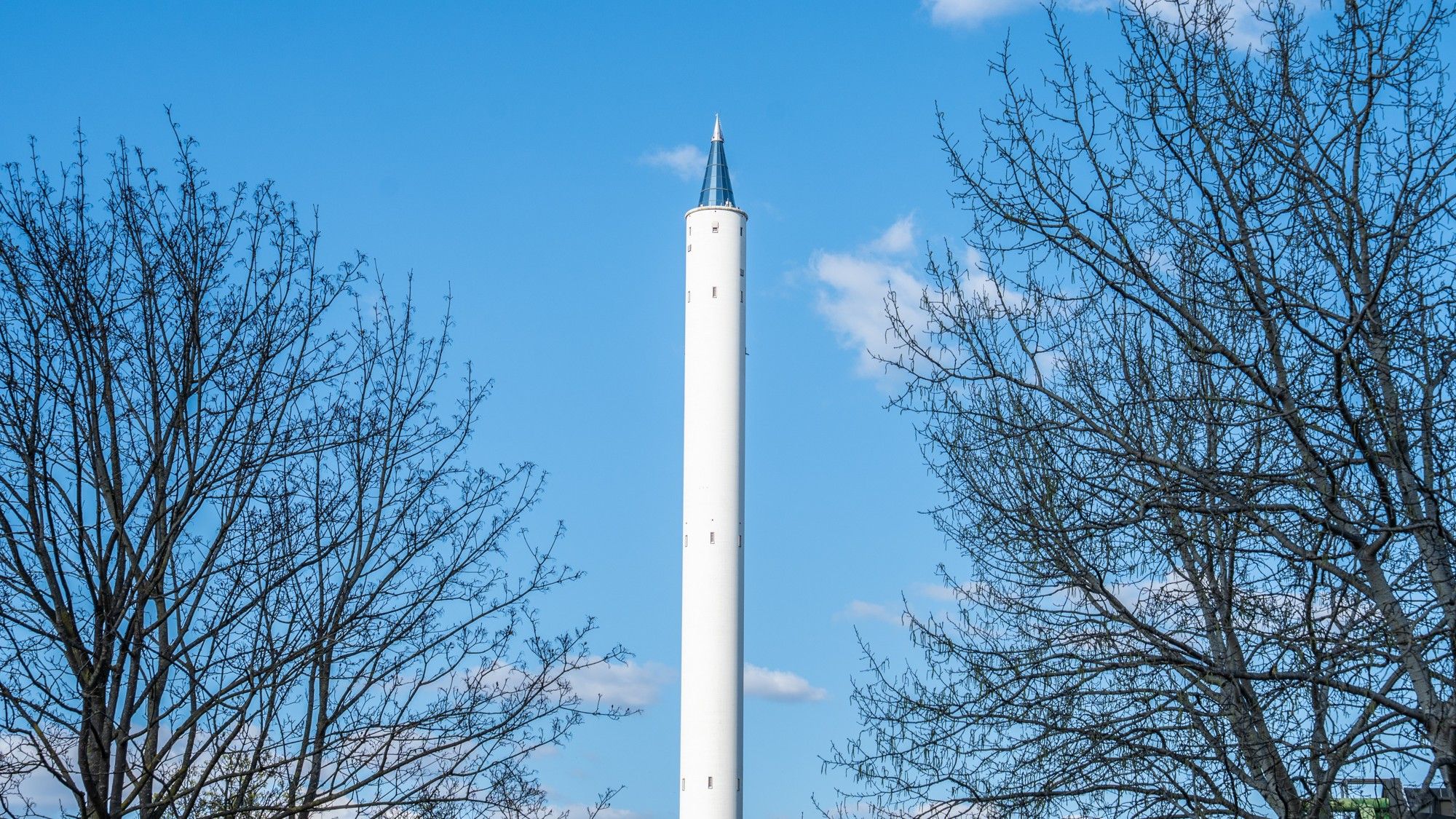 Ein schlanker Turm in der Sonne umgeben von blätterlosen Bäumen.