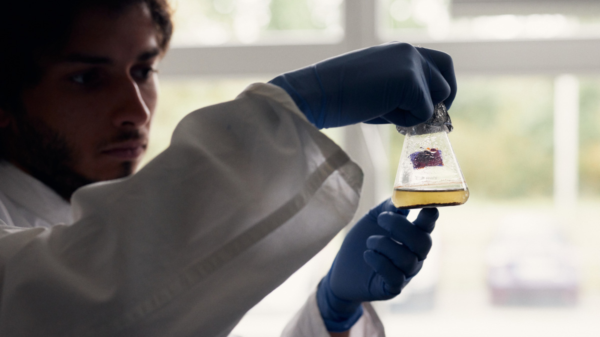 PhD student Tiago Ramalho holds a test tube in his hands