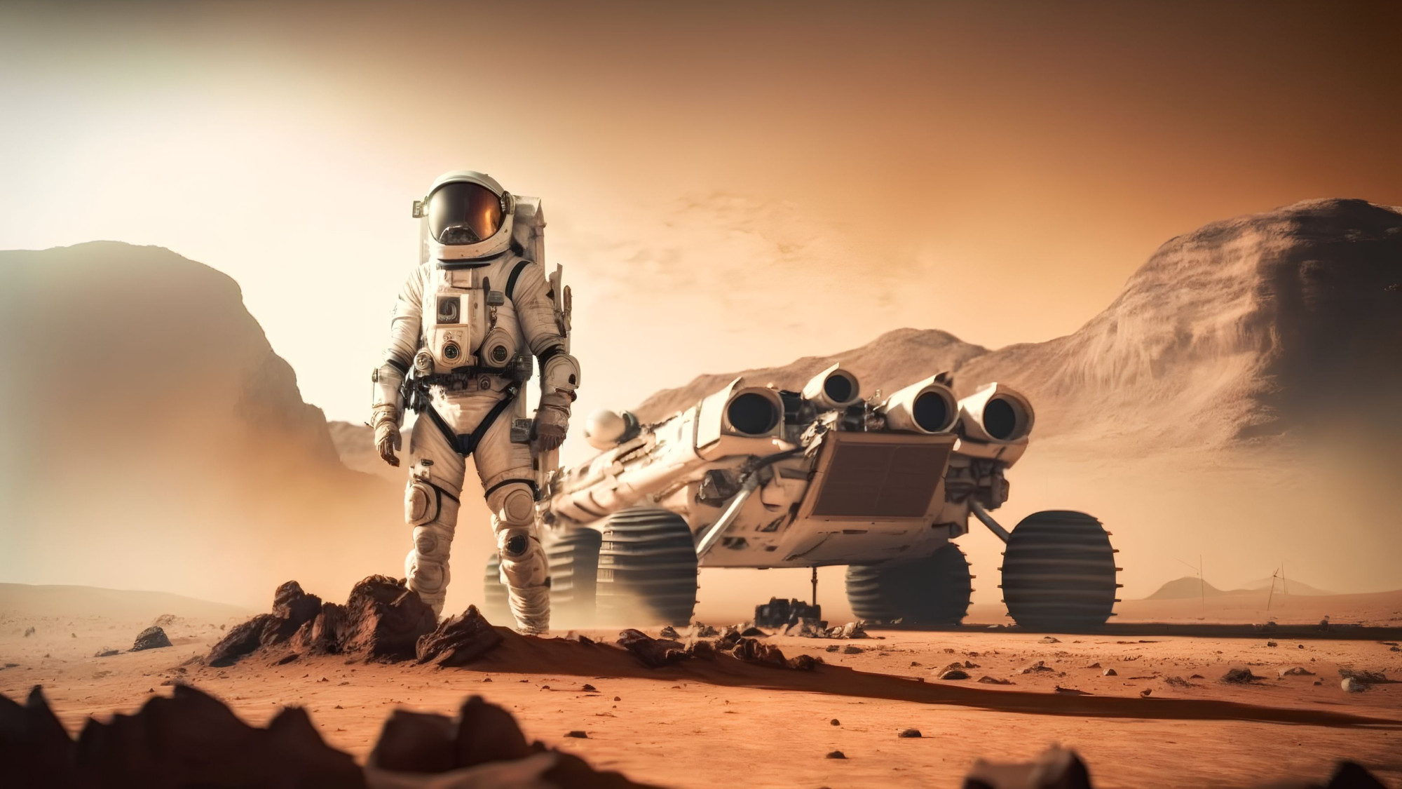 Ein Mensch mit Astronautenausrüstung steht neben einem Roboter in einer Marslandschaft.
