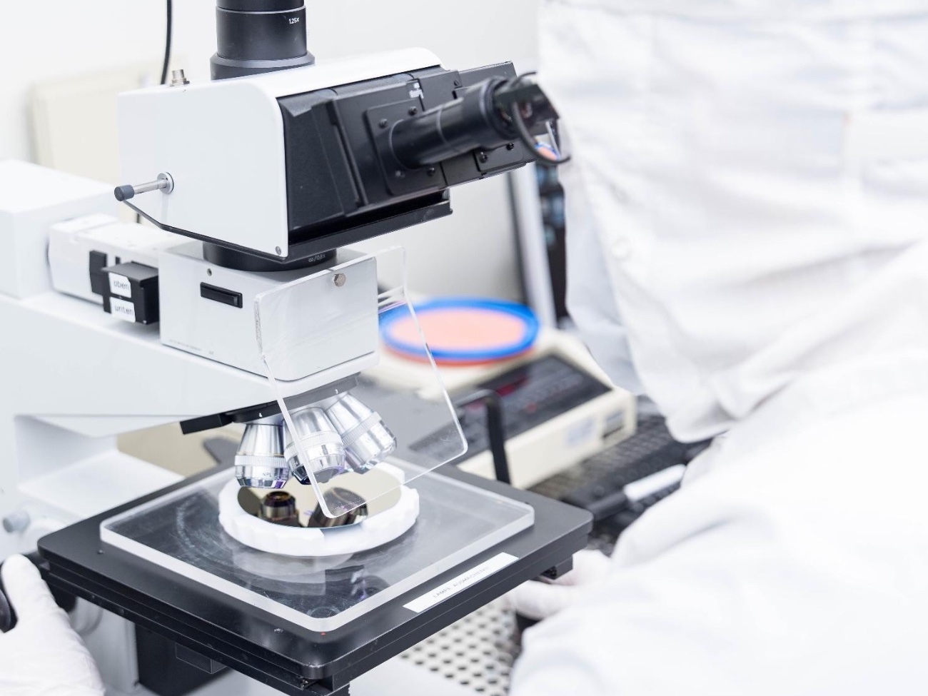 Bild von einer Person, die in ein Mikroskop schaut.