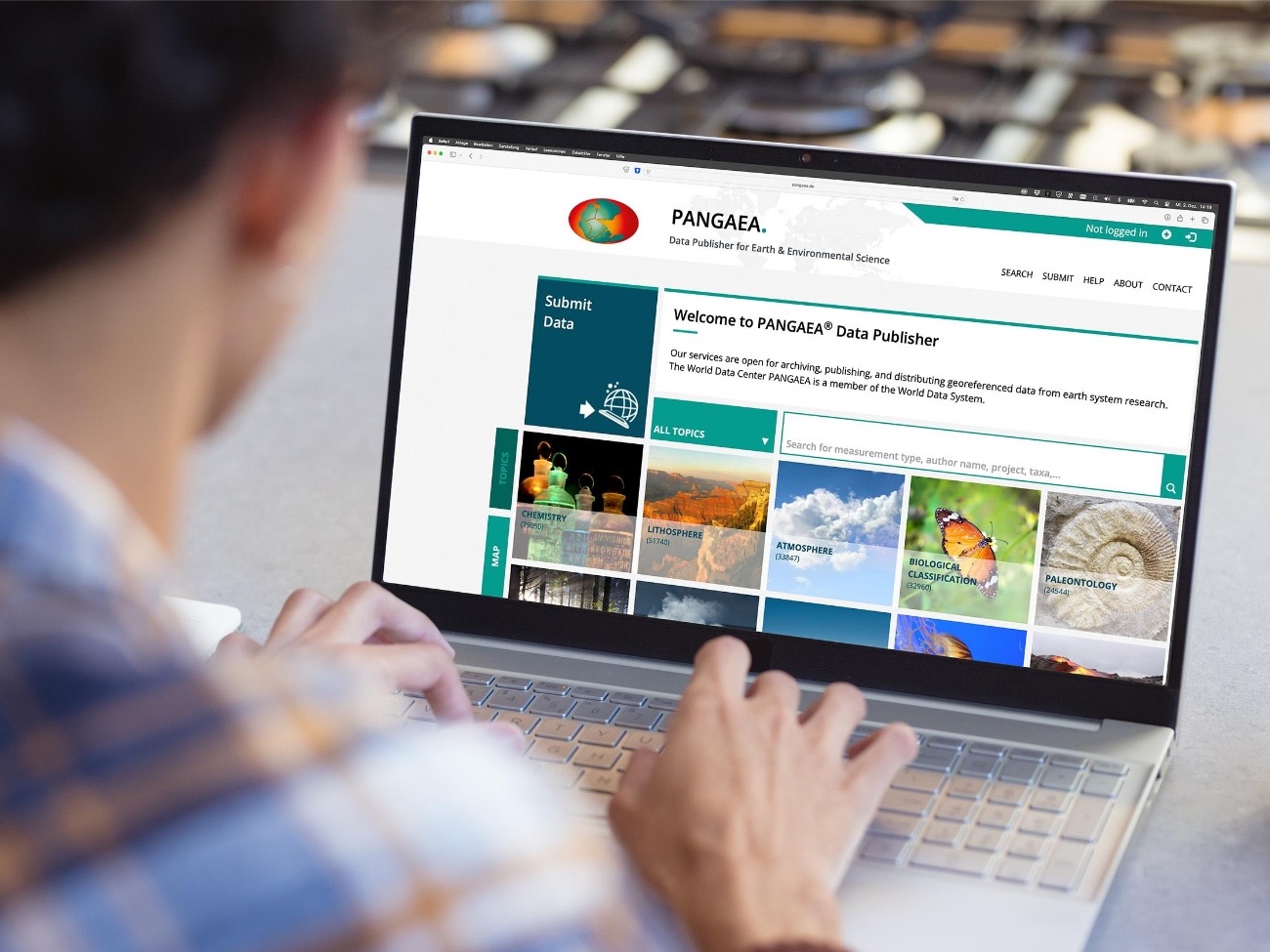 The photo shows a person who surfs on the Pangaea website on their laptop.
