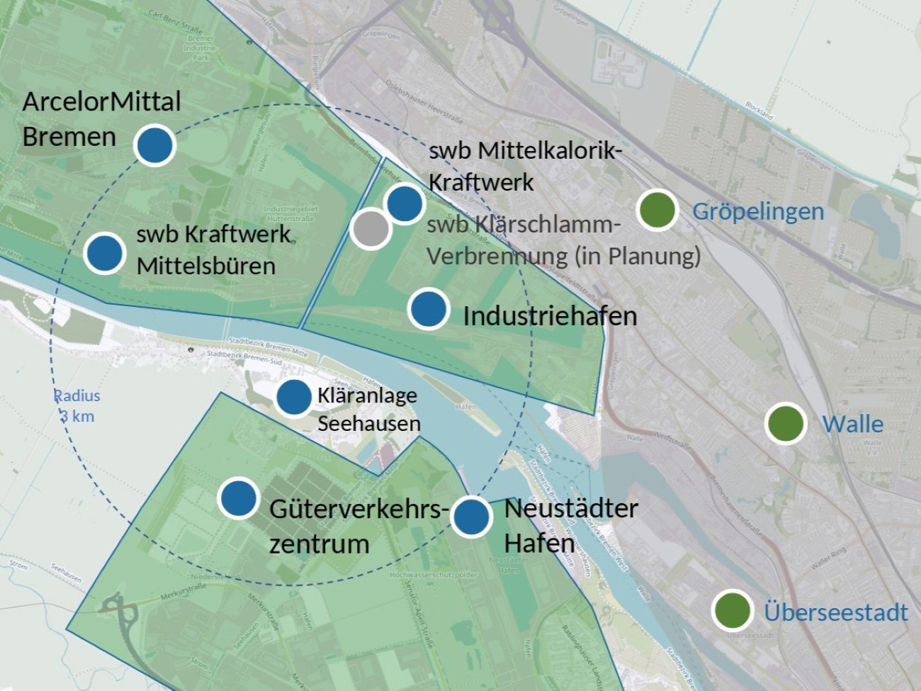 Die Karte zeigt den Industriehafen und mehrere Standortmarkierungen.