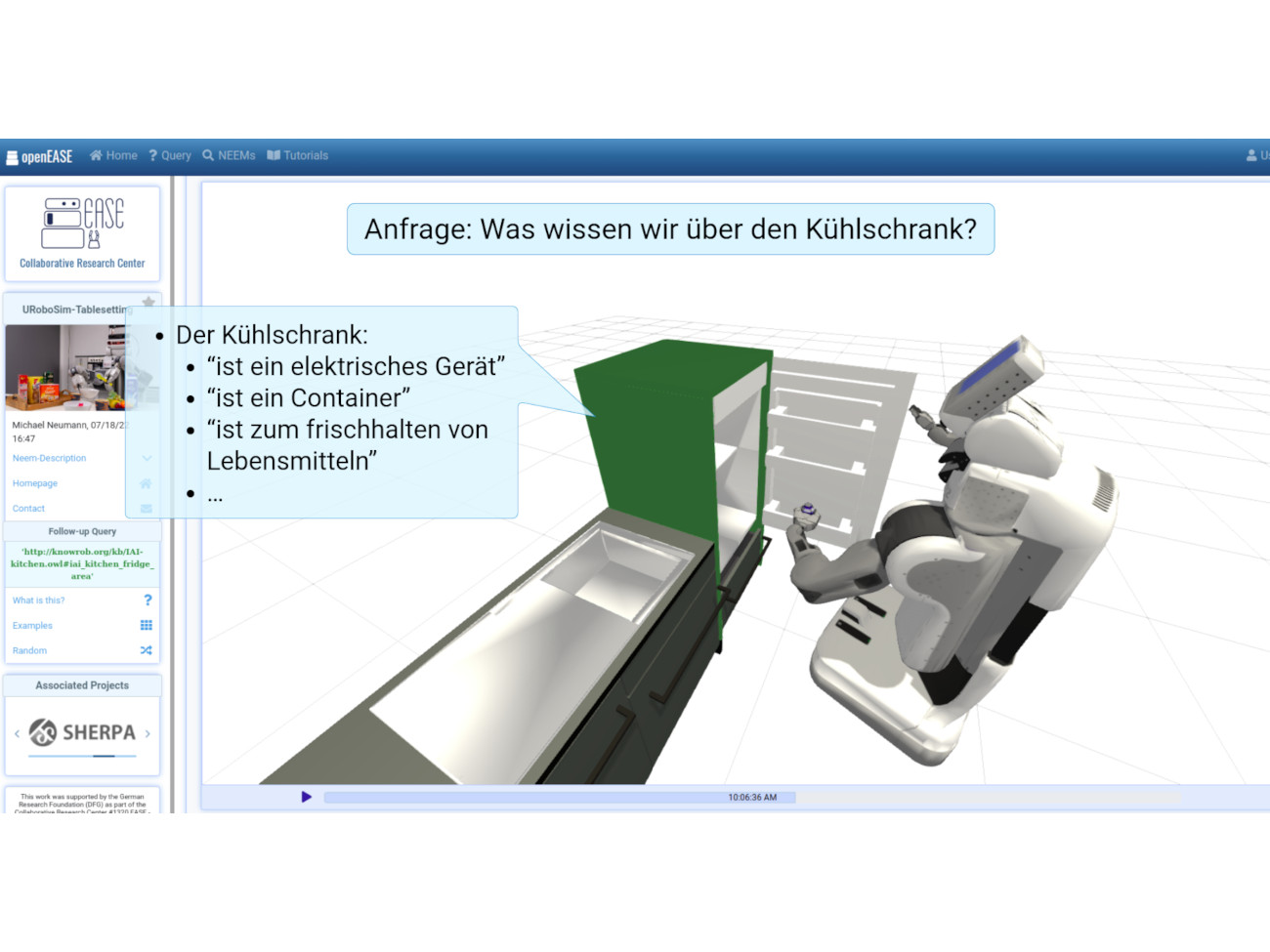 Ein Screenshot der Wissensplattform openEASE mit der Anfrage, was der Roboter über den Kühlschrank weiß.