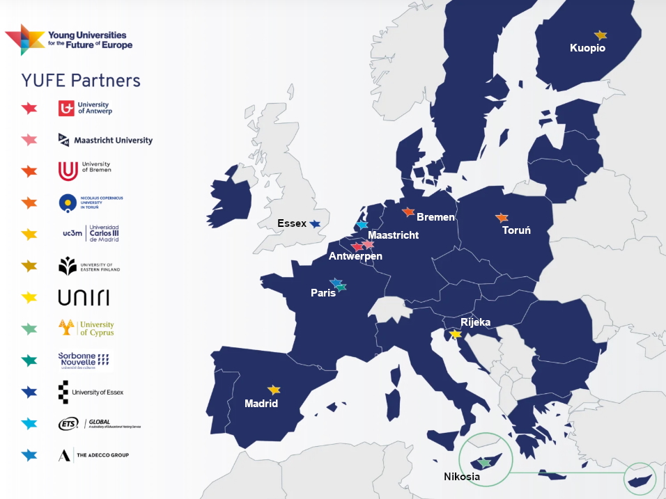 A map of the YUFE network showing the locations of its partner universities. 