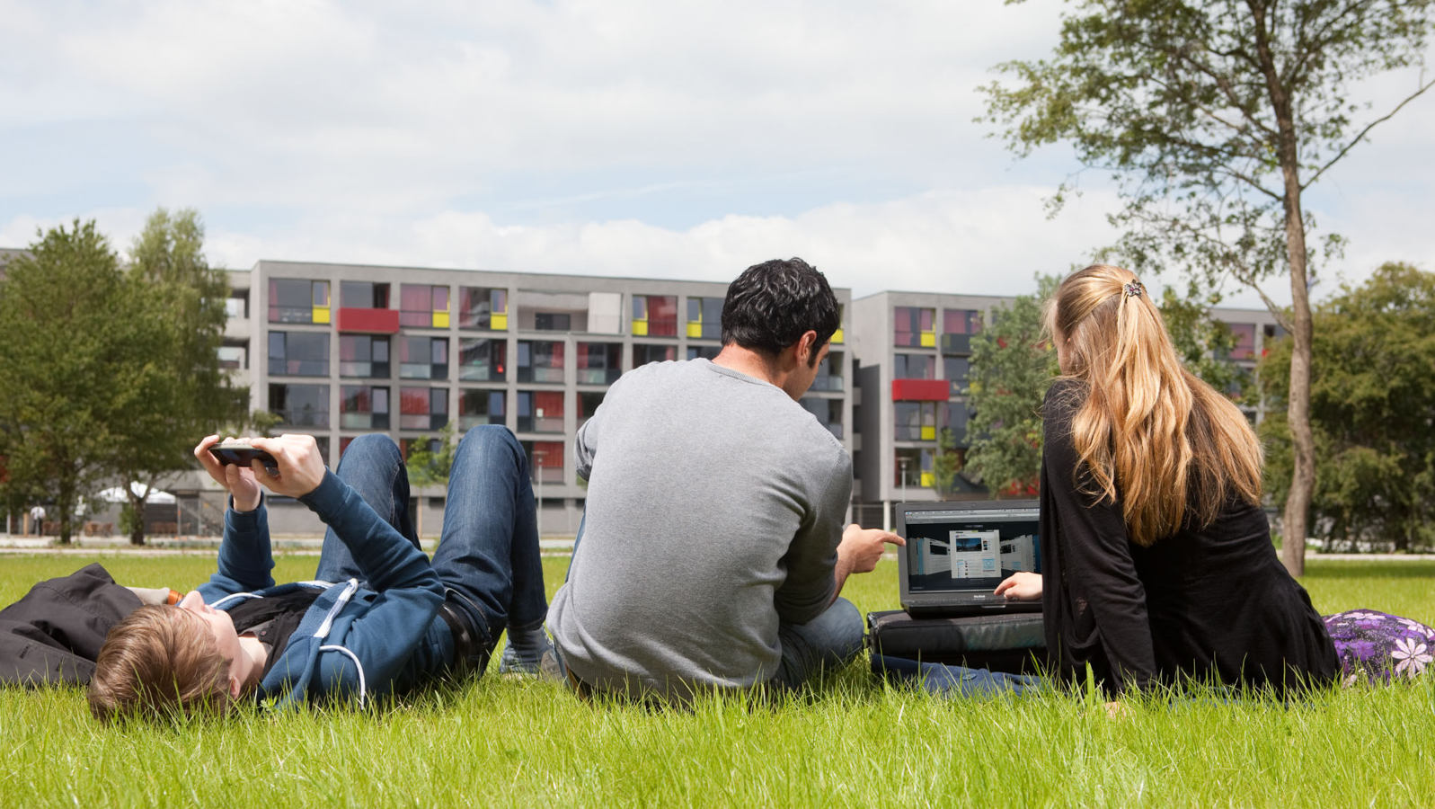 Two people work at a laptop, another person is lying on the grass looking at his phone.